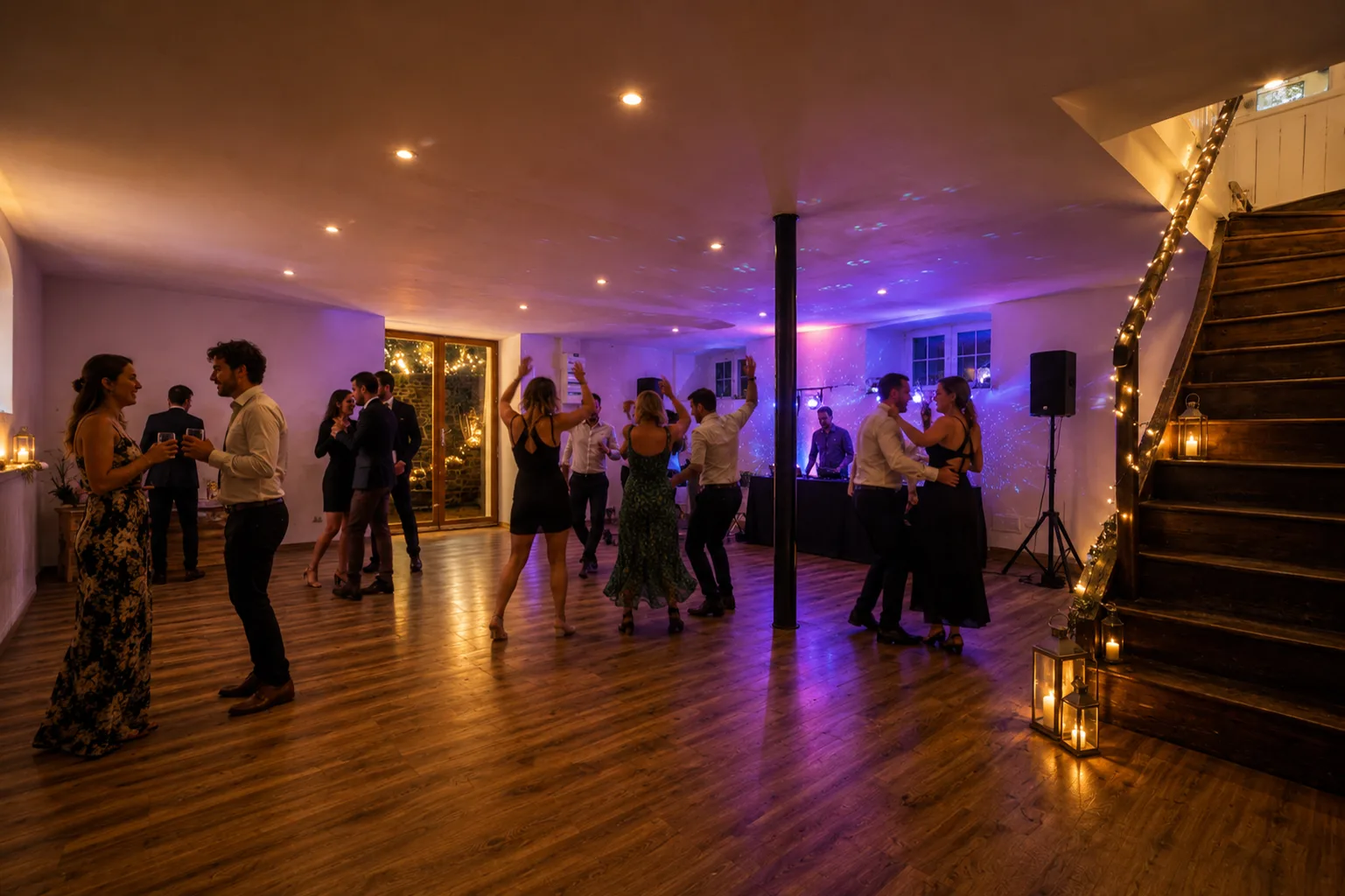 Guests dancing in the party room at Le Manoir Ducey