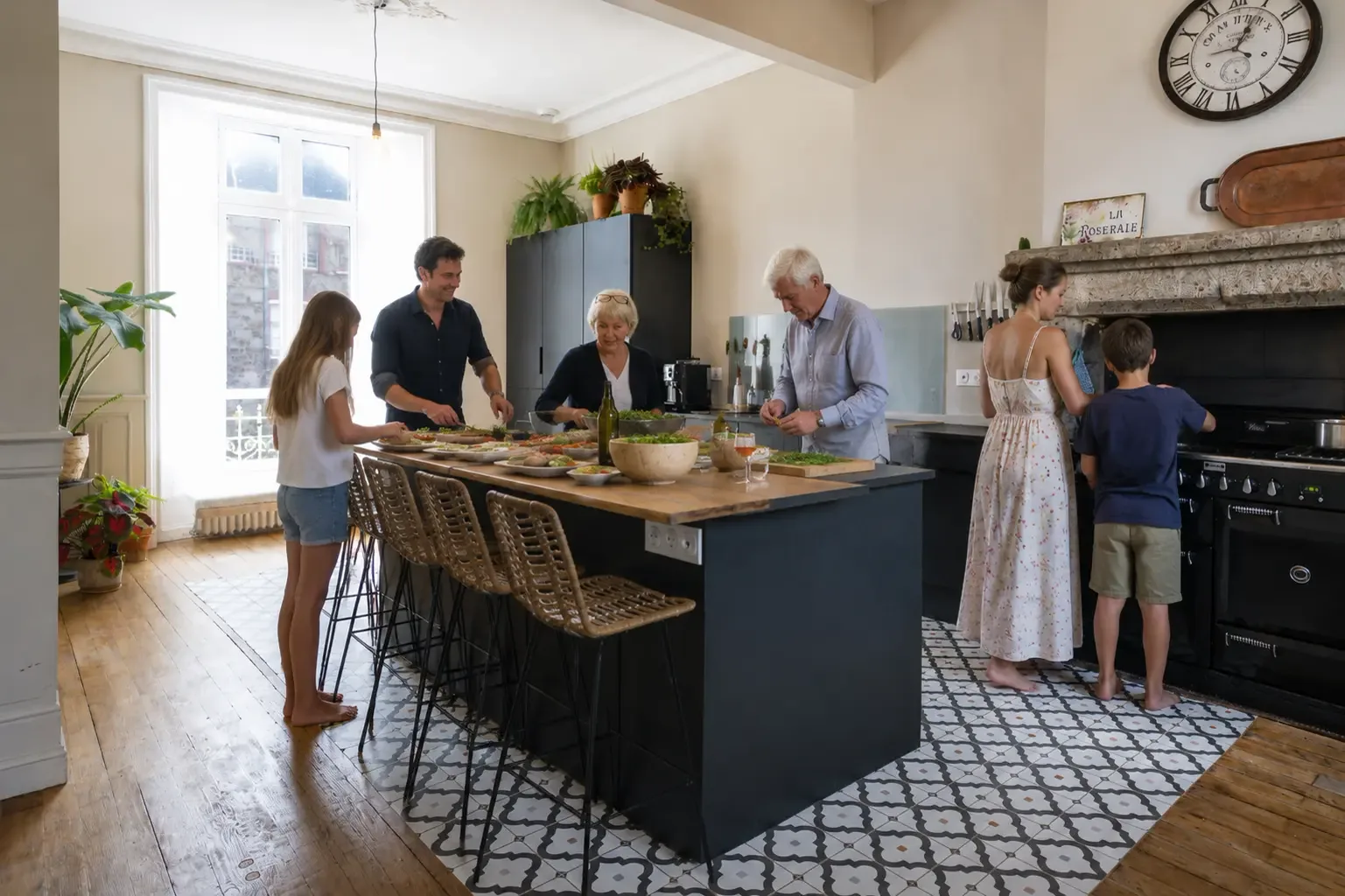 Réunion de famille dans la grande cuisine d'une maison de vacances en Normandie