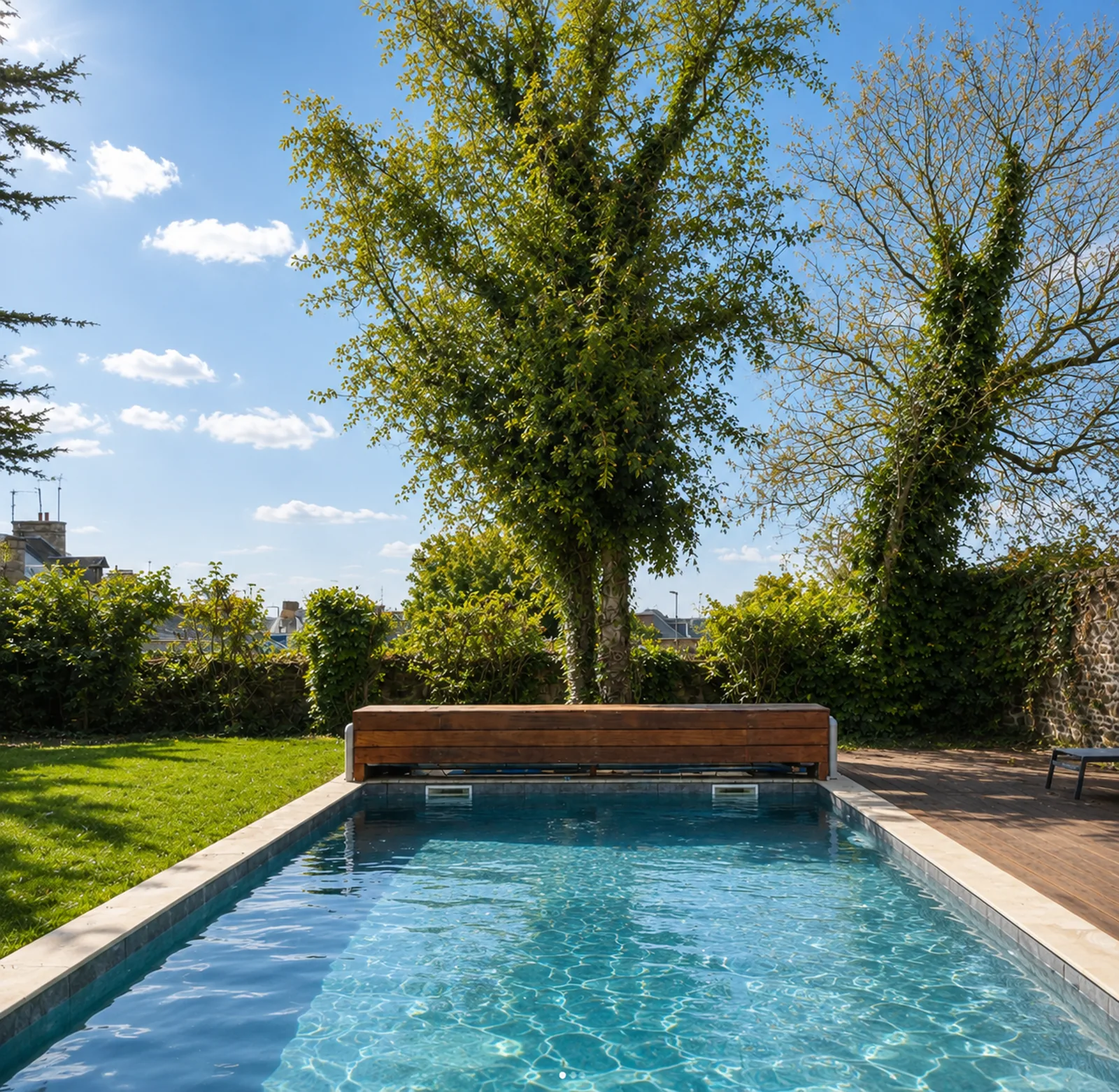 Swimming pool framed by mature trees and lawn at Le Manoir Ducey